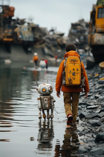 un garçon marchant avec un robot