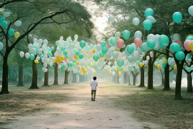 a, garçon, marche, par, a, tunnel, de, ballons