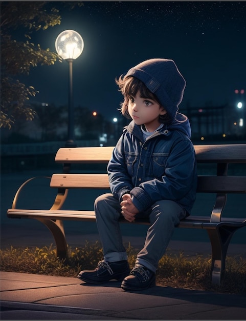 un garçon mignon assis sur un banc la nuit