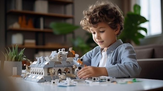 Un garçon mignon construit un robot dans la chambre des enfants