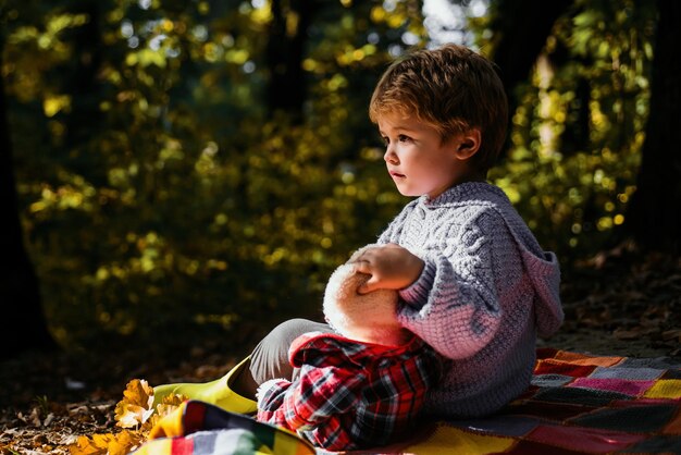 Garçon mignon enfant jouer avec un ours en peluche jouet forêt fond Pique-nique avec ours en peluche Randonnée avec jouet Petit touriste Inséparable avec jouet L'enfant a pris son jouet préféré dans la nature Explorer la nature ensemble