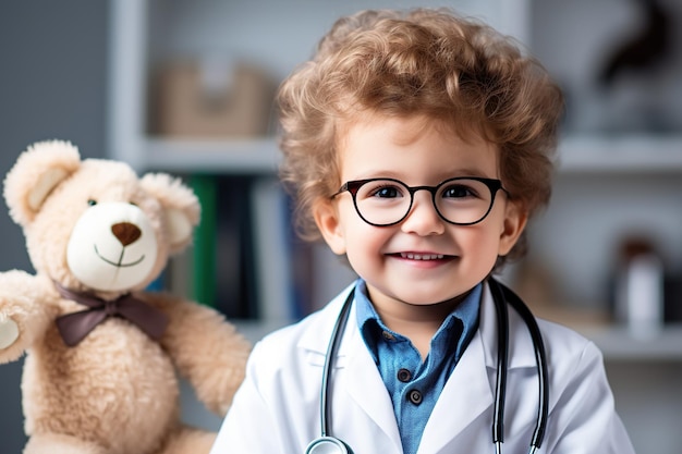 Un garçon mignon souriant portant des lunettes et un uniforme à manteau blanc avec un stéthoscope prétendant être un médecin regardant la caméra jouant avec un jouet moelleux.