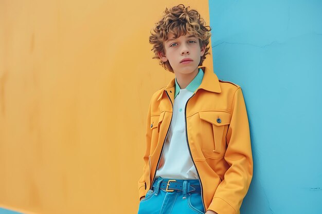 Un garçon de mode avec une veste jaune et un pantalon bleu