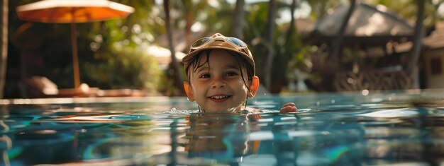 un garçon nage dans une piscine sur une île tropicale