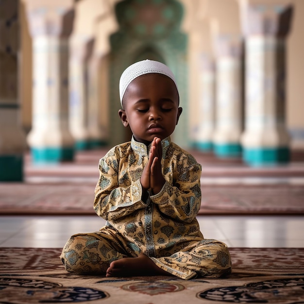 Photo le garçon nigérian prie pour son pays dans la mosquée tout en pleurant une vraie photo
