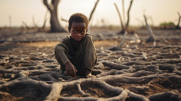 Garçon noir affamé pauvre petit enfant regardant la caméra au milieu de la sécheresse sol fissuré grand arbre mort