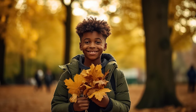 garçon noir dans le parc en automne avec un bouquet de feuilles