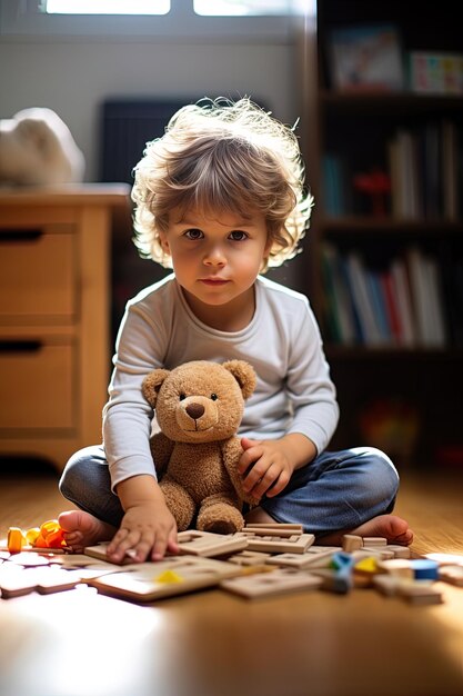 un garçon avec un ours en peluche sur sa poitrine joue avec un jouet