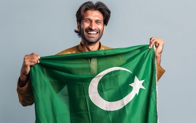 Garçon pakistanais au Pakistan célébration de la journée le 14 août avec une tenue de drapeau pakistanais de couleur verte