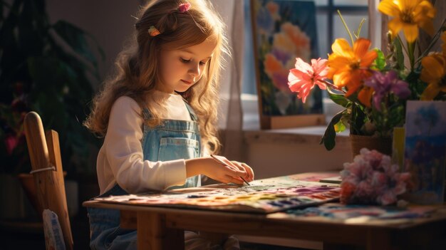 Un garçon peint un tableau avec des peintures sur toile