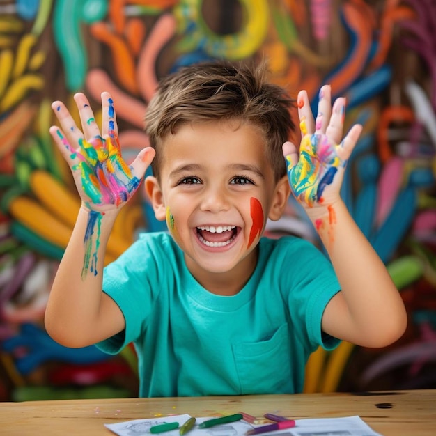 Un garçon avec de la peinture sur les mains sourit.