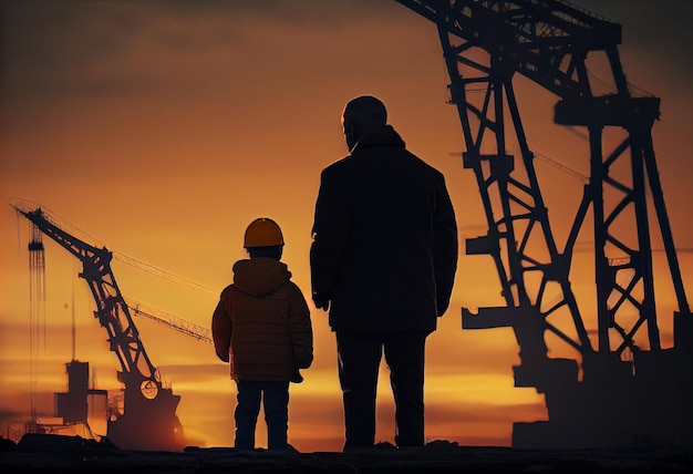 Garçon et père sur fond de grues de construction au coucher du soleil du soir Générer Ai