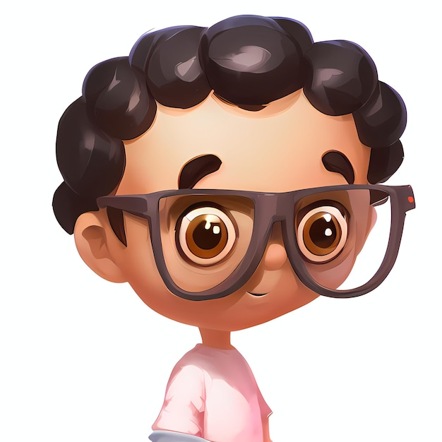 Un garçon de personnage de dessin animé mignon avec des lunettes sur un fond blanc et une peinture numérique de t-shirt rose AI