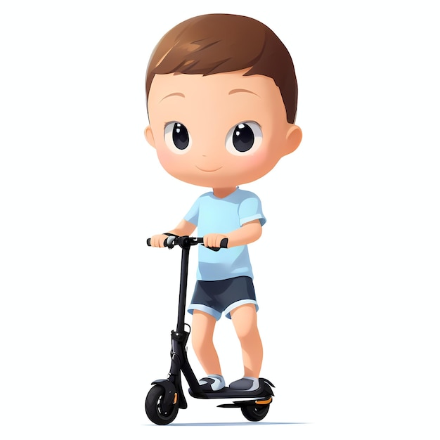 Un garçon de personnage de dessin animé mignon monte un scooter sur un fond blanc et un t-shirt bleu AI