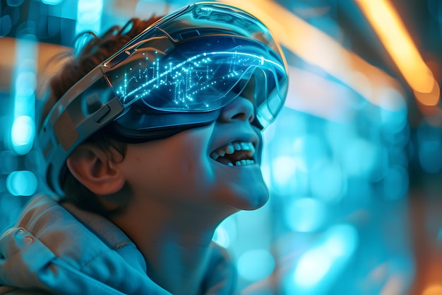 Un garçon plonge dans des réalités futuristes avec des lunettes VR