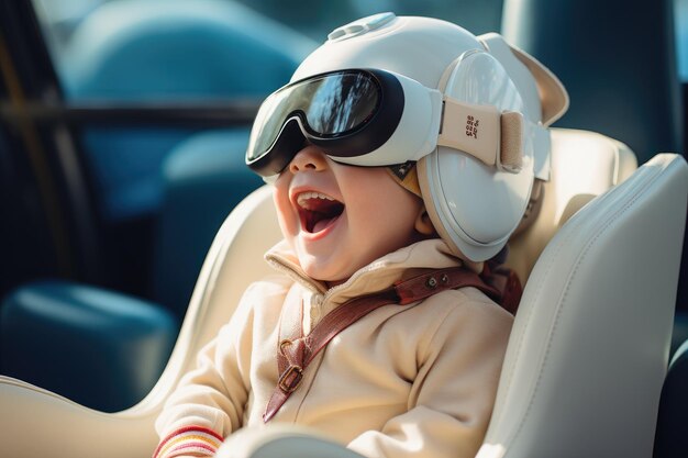 Garçon portant un casque de réalité virtuelle assis sur un siège auto lunettes VR technologie d'innovation IA générative