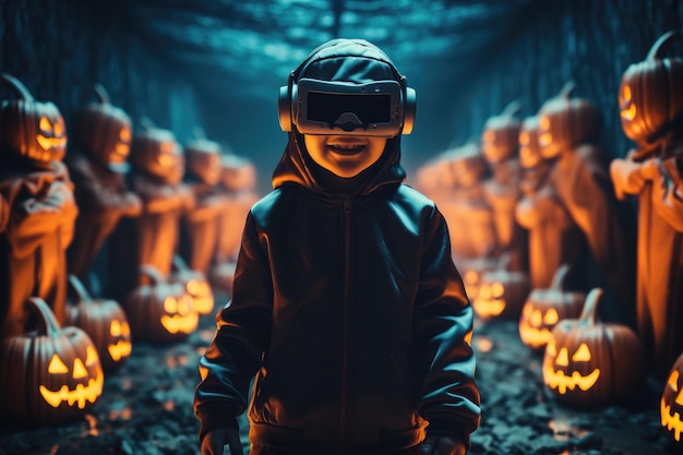 Garçon portant un casque de réalité virtuelle et des costumes d'Halloween Lunettes VR Generative AI