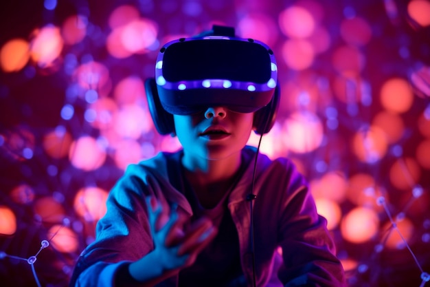 Un garçon portant un casque de réalité virtuelle devant un fond violet.