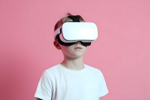 Un garçon portant un casque de réalité virtuelle sur fond pastel clair