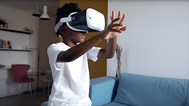 Un garçon portant un casque de réalité virtuelle se tient devant un canapé.