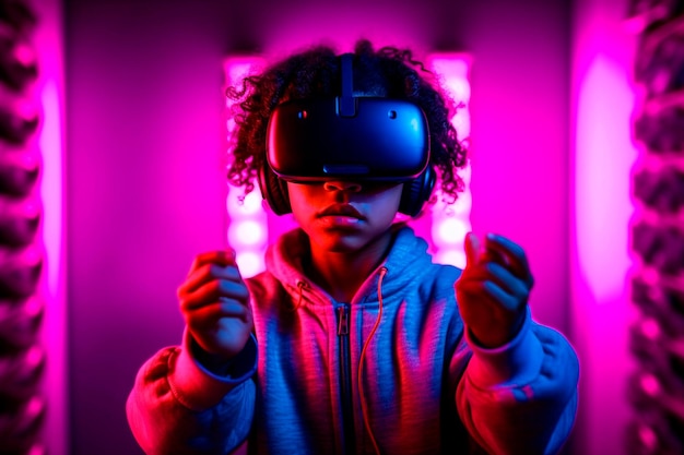 Un garçon portant un casque de réalité virtuelle se tient devant une enseigne au néon qui dit "réalité virtuelle"