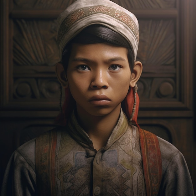 Un garçon portant un chapeau traditionnel se tient devant une porte.