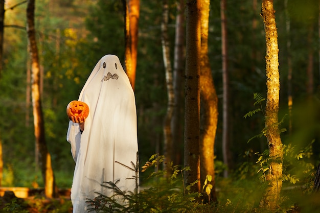 Garçon portant le costume de fantôme d'Halloween dans les bois