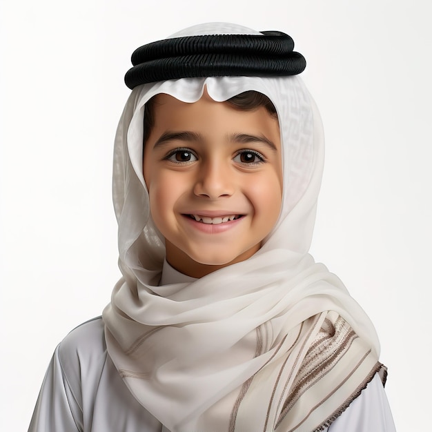 un garçon portant une écharpe blanche qui dit "il sourit"