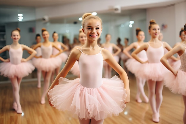 Garçon portant une jupe tutu rose et s'amusant cours de ballet avec des filles sur le cours de ballet de fond