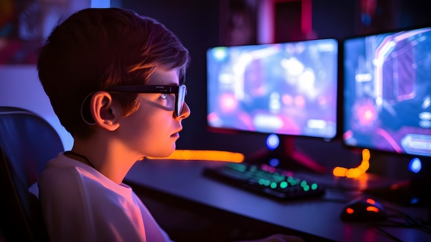 Un garçon portant des lunettes est assis devant un écran d'ordinateur avec un écran éclairé d'un clavier de jeu.