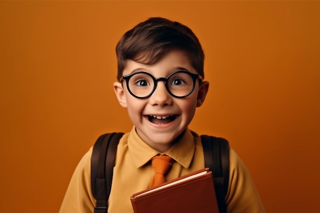 Un garçon portant des lunettes et tenant un livre devant un fond orange.