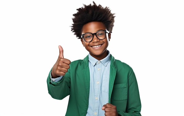 Un garçon portant des lunettes et une veste verte avec ses pouces vers le haut.