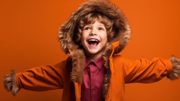 Un garçon portant un manteau d'hiver avec une chemise rouge qui dit "je suis un garçon"