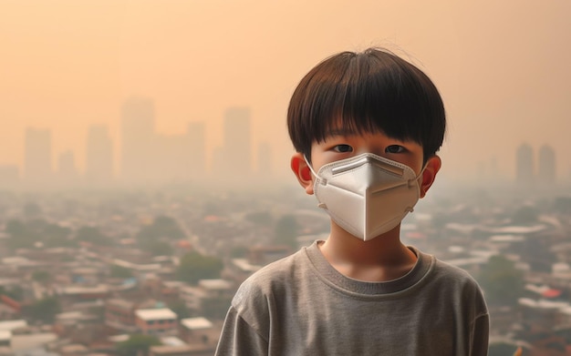 Un garçon portant un masque pour éviter les toxines dans la capitale qui est pleine de smog PM25 et lourd