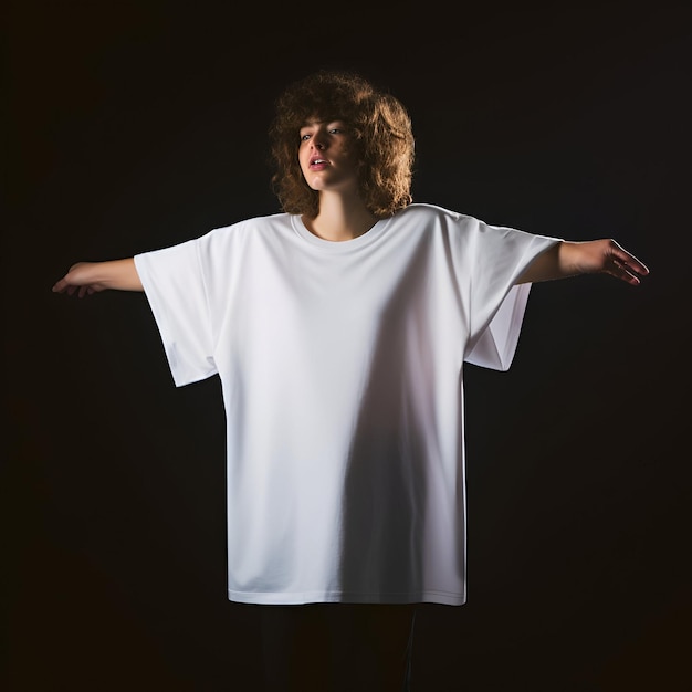 Photo un garçon portant un t-shirt blanc et posant sur un fond sombre isolé