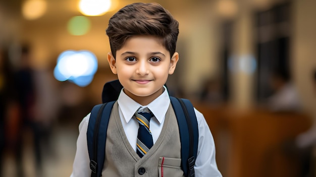 un garçon portant un uniforme scolaire et un sac à dos.