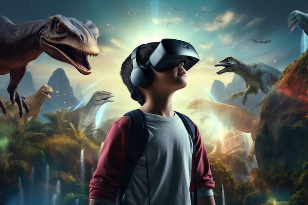 Un garçon porte des lunettes de réalité virtuelle sur un fond de dinosauresx9