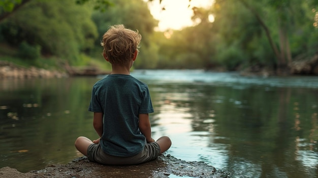 Un garçon pratiquant la pleine conscience et la méditation au bord d'un lac serein