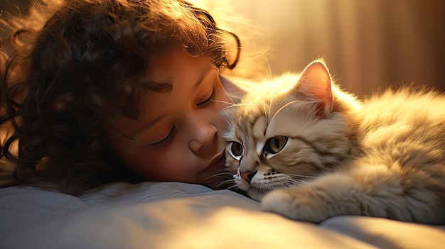 Un garçon qui dort à côté d'un chaton portrait en gros plan Amitié et sentiments tendres entre l'homme et l'animal