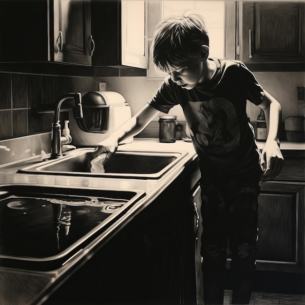 Un garçon qui lave la vaisselle en noir et blanc