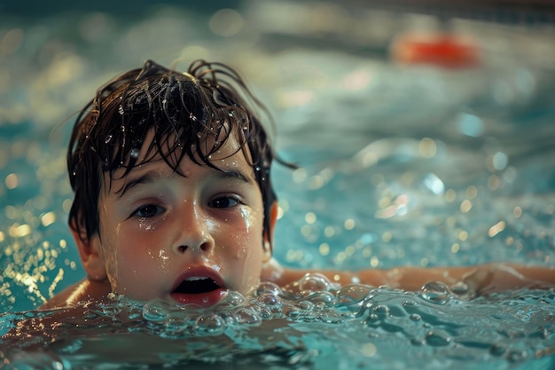 Un garçon qui se noie dans une piscine sans personne pour l'aider à respirer.