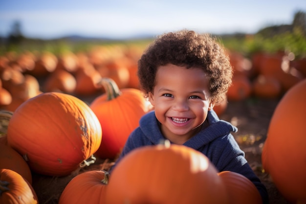 Un garçon recueille des citrouilles dans une plantation de citrouilles pour créer une Jacko'lanterne pour Halloween