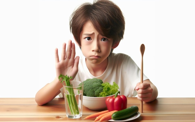 Le garçon a refusé de manger des légumes. L'enfant aime manger des végétaux. Arrière-plan blanc.