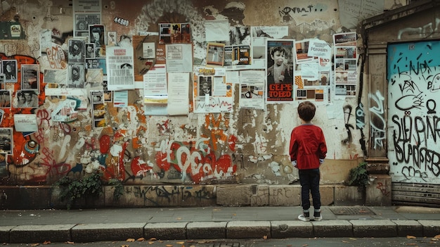 Le garçon regardait un mur sale couvert d'affiches et de graffitis générés par l'IA.