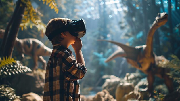 Photo un garçon regarde dans des lunettes de réalité virtuelle sur le fond des dinosaures