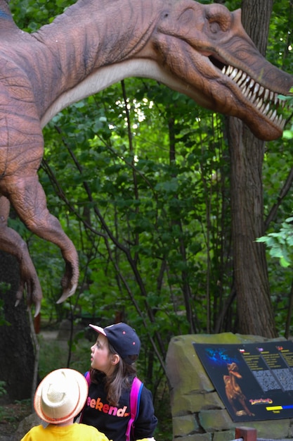 Photo un garçon regarde un dinosaure avec un dinosaure sur le devant.