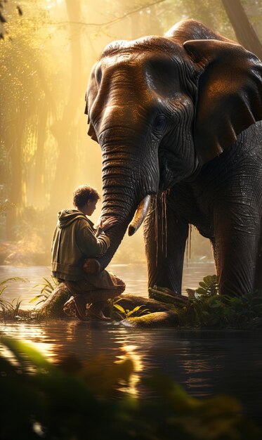 un garçon regarde un éléphant et l'homme regarde l'homme devant l'éléphant