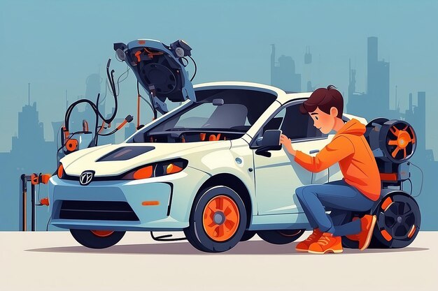 Photo garçon répare une voiture électrique avec une illustration vectorielle d'outil processus robotique concept mécanique d'ingénierie robotique