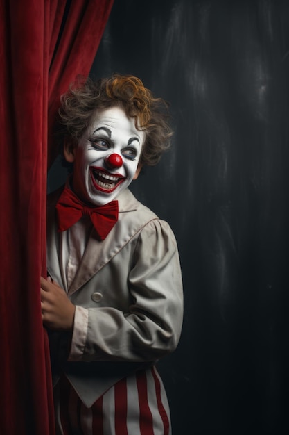 un garçon riant avec de la peinture de clown sur son visage tandis qu'un rideau rouge foncé et gris