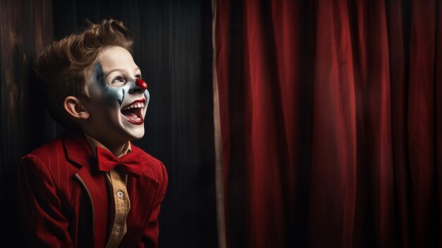 un garçon riant avec de la peinture de clown sur son visage tandis qu'un rideau rouge foncé et gris